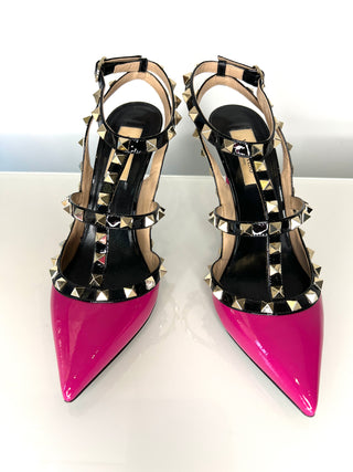 Valentino Garavani Preloved Rockstud Caged Pump 100 Pink Patent Leather Heels 37.5 UK4.5