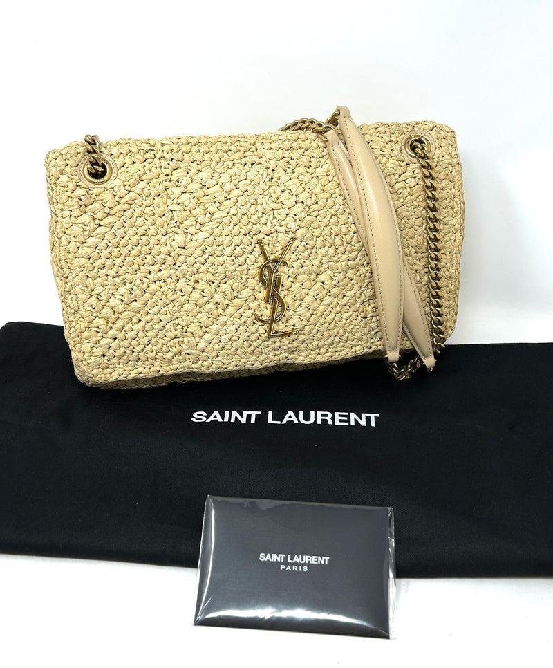 Saint Laurent Jamie Medium YSL Logo Embellished Raffia Flap Bag