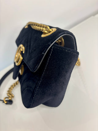 Gucci Preloved GG Marmont Black Velvet Small Shoulder Bag