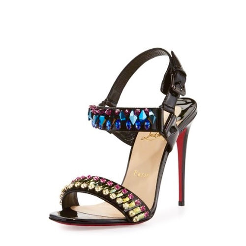 Christian Louboutin Black Patent Jeweled Heel Sandals