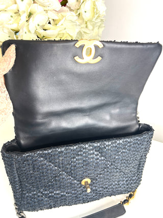 Chanel Preloved Large Chanel 19 Navy Raffia Tweed Flap Bag