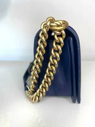 Chanel Medium Boy Bag Navy Blue Quilted Lambskin Leather Gold Tone Hardware Shoulder Bag