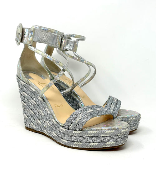 Christian Louboutin Silver Espadrille Wedge Sandals 