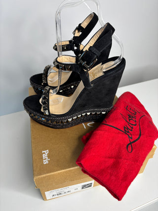 Christian Louboutin Cataclou Black Suede Wedge Sandals 39 UK6