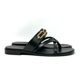 Hermes Black Leather Aged Gold Buckle Sandals