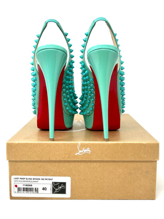 Christian Louboutin Spikes Turquoise Patent Peep Toe Sling Back Heels