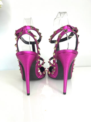 Valentino Garavani Rockstud 100 Metallic Pink Textured Leather Sandals Heels 40 UK7