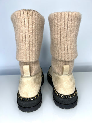 Chanel Beige Suede and Knit Chain Detail Boots 39 UK6