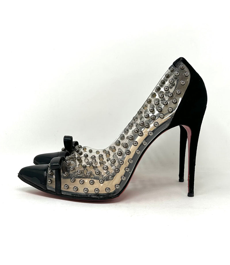 Christian Louboutin Black Suede Studded PVC Bow Heels 