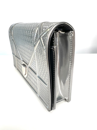 Christian Dior Metallic Diorama Silver Micro Cannage Wallet on Chain / Crossbody Bag