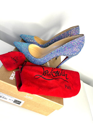 Christian Louboutin So Kate 120 Etincelle Blue Glitter Dragonfly Heels 37.5 UK4.5