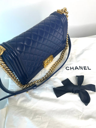 Chanel Medium Boy Bag Navy Blue Quilted Lambskin Leather Gold Tone Hardware Shoulder Bag