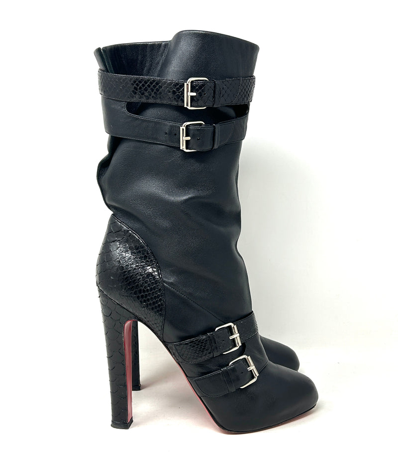 Christian Louboutin Loubi Bike 140 Black Leather Python Mid Calf Boots 40 UK 7