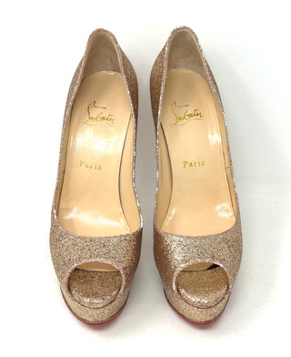 Christian Louboutin Lady Peep 150 Nude Glitter Platform Peep Toe Heels 38.5 UK 5.5