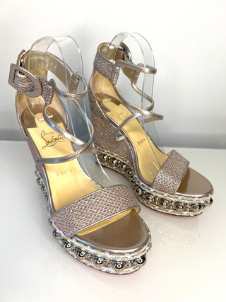 Christian Louboutin Chocazeppa 120 Colombe Glitter Platform Red Sole Wedge Sandals 39 UK6