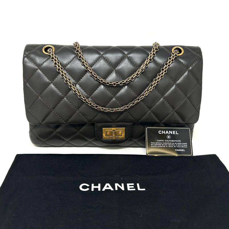 Chanel Reissue 2.55 Maxi Dark Khaki Quilted Leather Antique Gold Flap Shoulder Bag