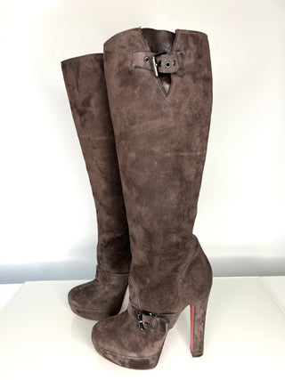 Christian Louboutin Harletty Brown Suede Platform Knee High Boots 38 UK5