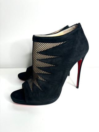 Christian Louboutin Disorder Black Suede Mesh Peep-Toe Booties 41.5 UK8.5