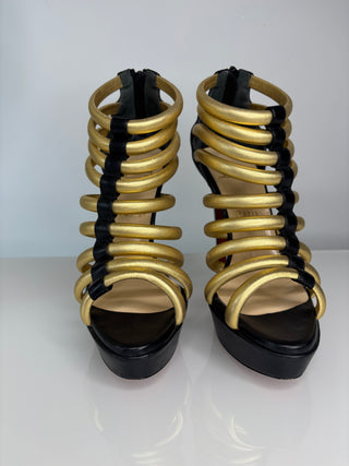 Christian Louboutin Romaine Gladiator Gold Black Platform Sandals 38.5 UK5.5