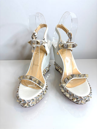 Christian Louboutin Pyraclou 110 Latte White Wedge Sandals 39 UK6