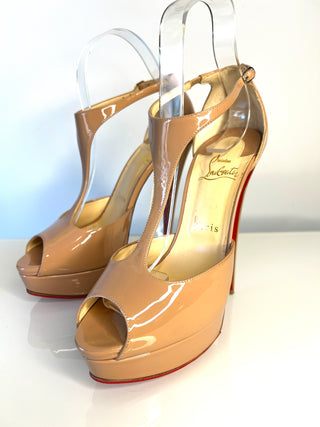 Christian Louboutin Jilopa 150mm Nude Patent Leather T-Strap Heels – EU 38 / UK 5