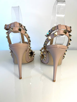 Valentino Garavani Rockstud 100 Caged Ankle Strap Beige Leather Heels 38 UK5