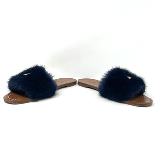 Louis Vuitton Brown Leather Dark Blue Mink Fur Slides