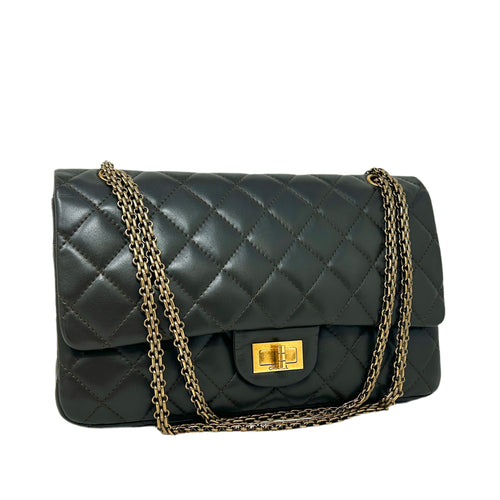 Chanel Dark Khaki Quilted Leather Antique Gold Flap Shoulder Bag