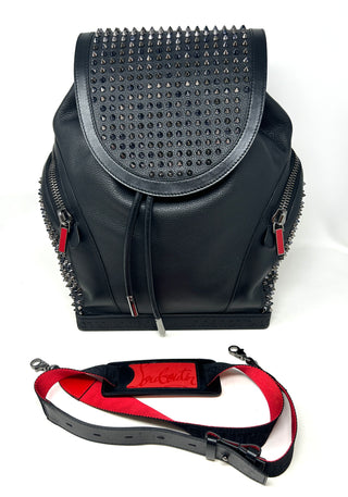 Christian Louboutin Explorafunk Black Leather Spike Drawstring Flap Backpack