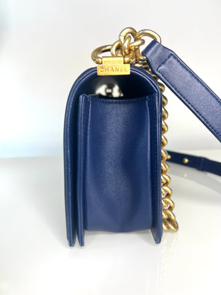 Chanel Medium Boy Bag Navy Blue Quilted Lambskin Leather Gold Tone Hardware Shoulder Bag