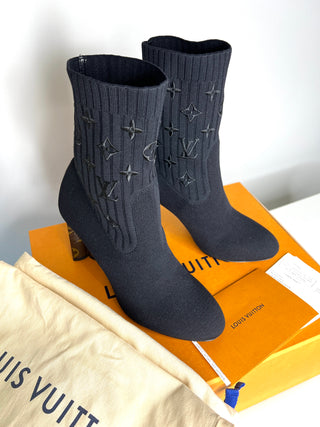 Louis Vuitton Silhouette Black Knit Monogram Ankle Boots 38.5 UK5.5