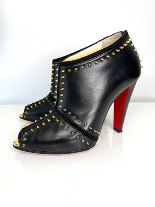 Christian Louboutin Carapachoc 100 Spike Black Leather Peep-Toe Ankle Boots 38.5 UK5.5