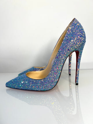 Christian Louboutin So Kate 120 Etincelle Blue Glitter Dragonfly Heels 37.5 UK4.5