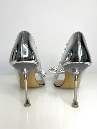 Mach & Mach Double Bow Silver PVC Crystal Embellished Heels 41 UK8