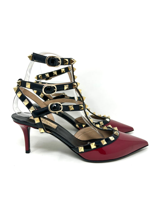 Valentino Garavani Rockstud Ankle Strap Red Black Patent Leather Pumps