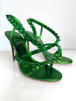 Christian Louboutin Spikita Strap 100 Green Leather Sandals 38.5 UK5.5
