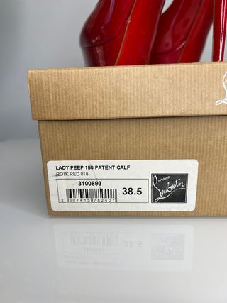 Christian Louboutin Lady Peep 150 Deep Red Patent Leather Platform Heels – 38.5 / UK 5.5
