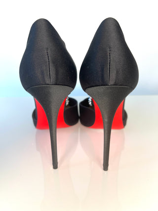 Christian Louboutin Krystal Cross 100 Black Satin Heels 38.5 UK5.5