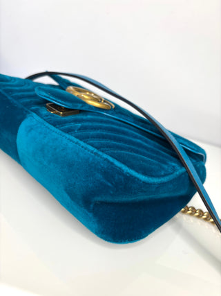 Gucci GG Marmont Small Turquoise Blue Velvet Shoulder Bag