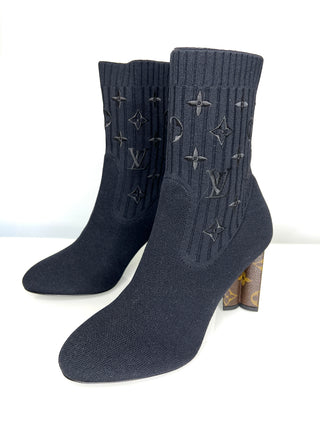 Louis Vuitton Silhouette Black Knit Monogram Ankle Boots 38.5 UK5.5