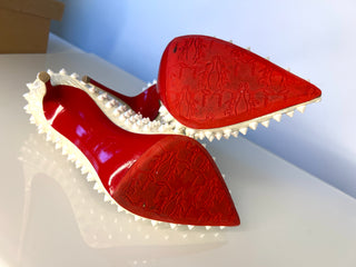Christian Louboutin Folies Spikes 100 White Patent Coquillage Heels – Size 38 UK 5