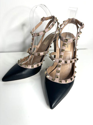 Valentino Garavani Rockstud 100 Black Leather Slingback Heels 40 UK7