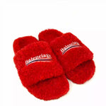 Balenciaga Furry Slipper Red Faux Shearling Logo Flat Mule Sandals 41 UK 8