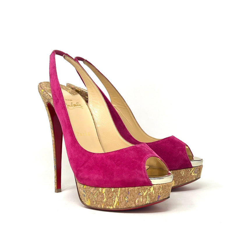 Christian Louboutin Pink Suede Cork Slingback Platform Heels