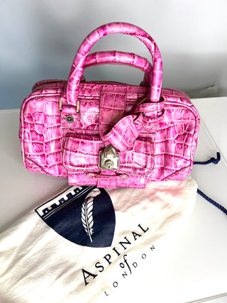 Aspinal of London Pink Moc Croc Leather Bowling Handbag