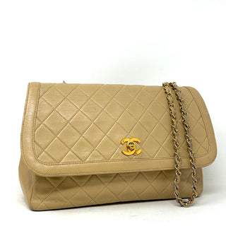 Chanel Beige Quilted Leather CC Logo Flap Shoulder Bag 24K Gold Plated - Preloved