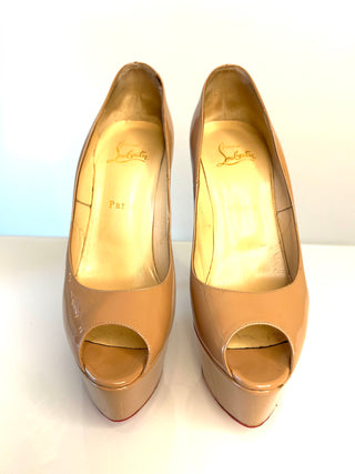 Christian Louboutin Jamie 160 Nude Patent Leather Peep-Toe Platform Heels 39.5 UK6.5