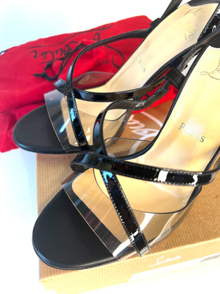 Christian Louboutin Coup de Bleu 100 Black Patent Leather & Glitter Sandals – Small Size 39 UK6
