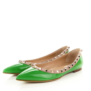 Valentino Garavani Green Patent Nude Leather Studded Ballerina Flats