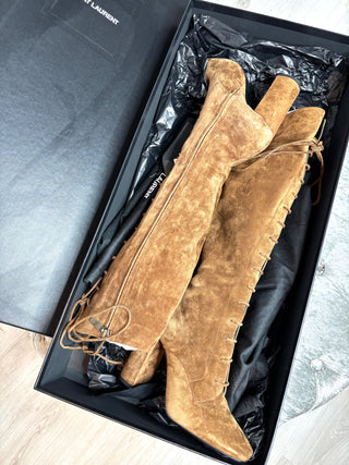 Saint Laurent Tan Suede Lace-Up Knee Boots 37 UK4